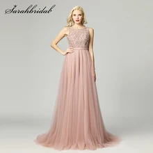 Charming Evening Dress Scoop Sleeveless Backless Empire A Line Floor Length Prom Gown Sequins Pearls Beaded Robe De Soiree 5465