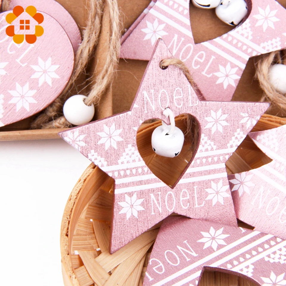 6 шт./лот DIY Розовые Деревянные снежинки напечатанные Рождественские Подвески праздничные вечерние украшения на елку украшения сердце/звезда