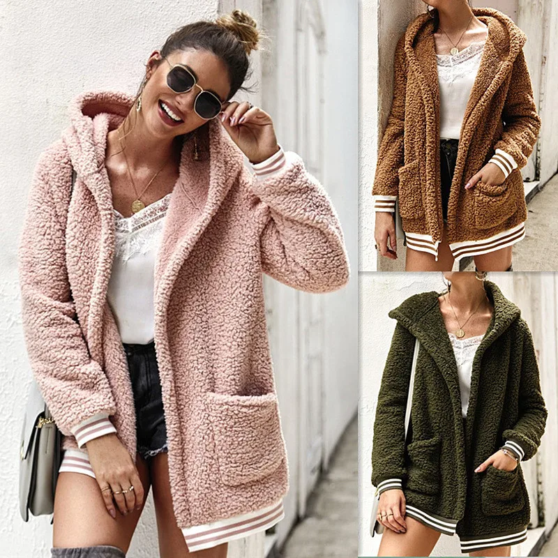 

YELITE Lapel Sweatshirt Fleece Fur Coat Women Autumn Winter Warm Soft Hooded Jacket Thick Plush Overcoat Short Tops Outerwear