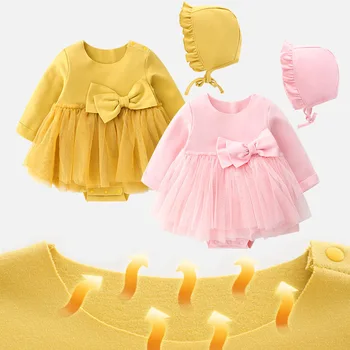 

Baby Girl Warm Tutu Dress with Cap Set New Fall Spring Cotton Bown Princess Dresses Pink Yellow Infant Clothing Born 3m 6m Gift