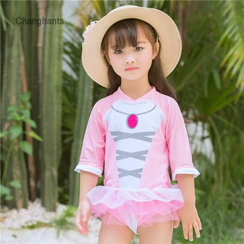 

New Models Girls One Piece Swimwear Children Swimsuit with Blue and Pink Long-Sleeve with Pendant Pattern Kids Summer Swim Wear