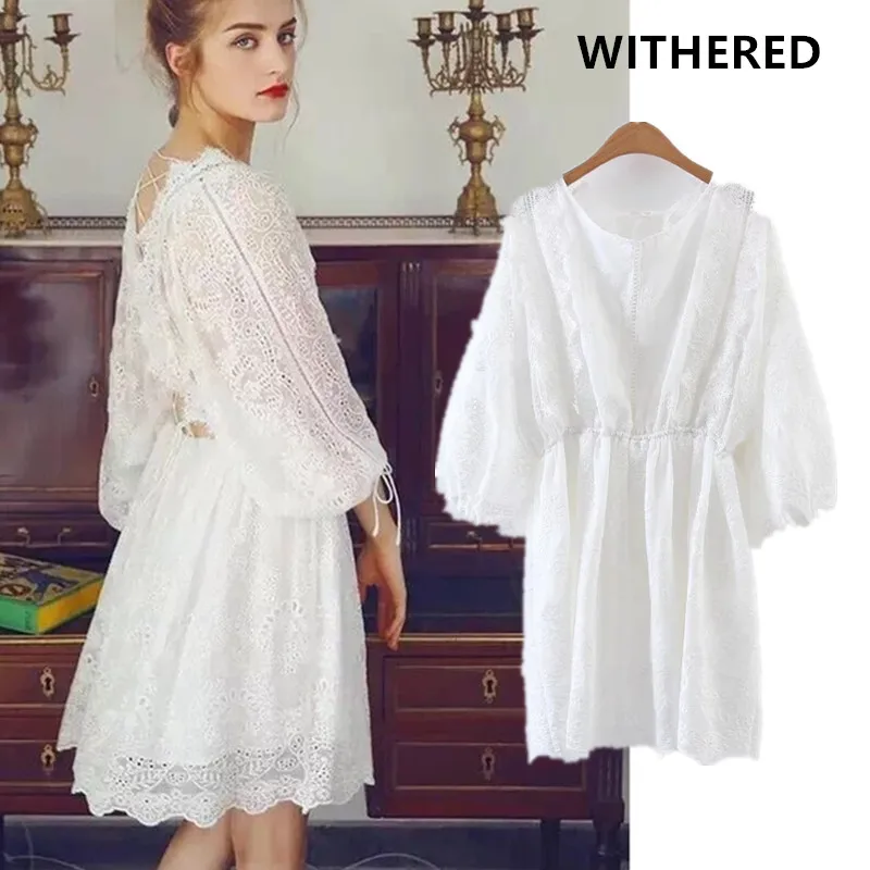 

Dave&Di summer vestidos vintage white batwing sleeve lace hollow out on back collect waist party dress women