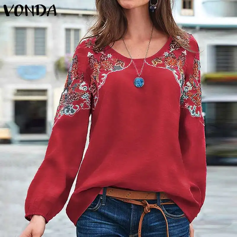 VONDA Осенние блузки женские повседневные с круглым вырезом винтажные печатные