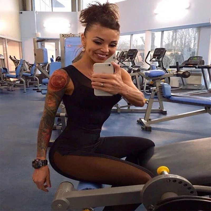 2019 Woman Sportswear One Piece Set Mesh Patchwork Black Sport Suit Jumpsuit Fitness Clothing Sports Wear for Women Gym Clothing
