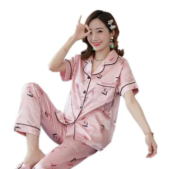 

Lovely Pajamas Set Lazy Style Women Underwear Pijamas Sleepwear Sets for Women Silk Short Sleeve + Long Pant Home Wear
