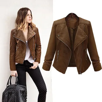

Motorcycle PU Leather Jacket Women Winter And Autumn New Fashion Coat Zipper Outerwear jacket New 2019 Coat brown
