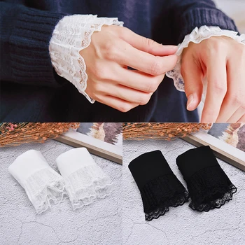 

Lace Pleated Ruched False Cuffs Women Girls Decorative Chiffon Fake Flare Sleeves Floral Apparel Wrist Warmers With Four Button