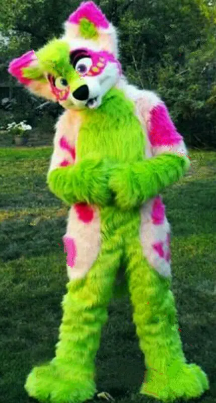 Новый Хаски длинный меховой собачий Костюм лисы-маскота зеленый Fursuit вечерние