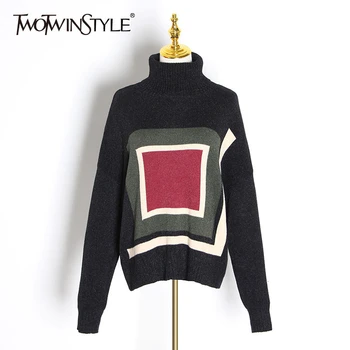 

TWOTWINSTYLE Patchwork Hit Color Women's Sweaters Turtleneck Long Sleeve Casual Plaid Autumn Sweater For Female Fashion Clothing