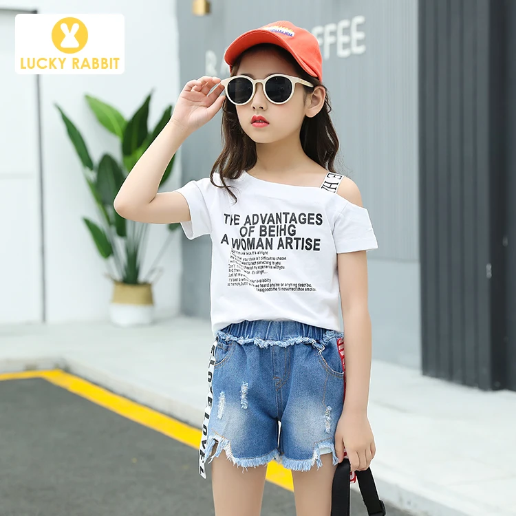 Дизайнерская корейская детская футболка и короткие джинсы, летний модный комплект одежды для девочек, комплекты одежды для девочек, хлопковая уличная одежда - Цвет: S097-w