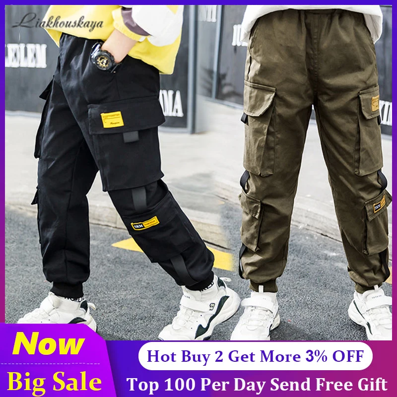 Newest Spring Brand Kids Boys Pants Cotton Solid Cargo Pants Teenage