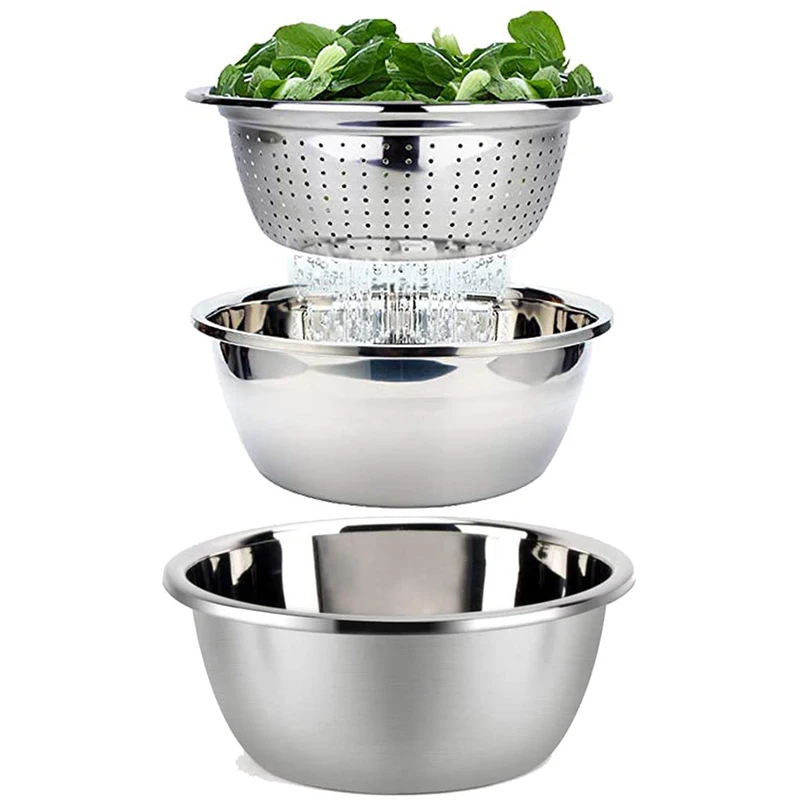 Mixing Bowl Set and Colander Salad Stainless Steel Anti-Kitchen Stacking Non-Stick Food Preparation | Дом и сад