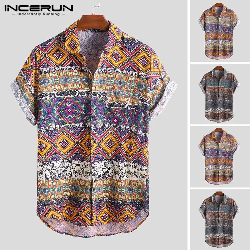 Compra INCERUN-Camisa hawaiana de manga corta para hombre, dibujo étnico, blusa suelta informal Vintage para playa, Camisa Masculina de talla grande 2021 0BJqemNZn