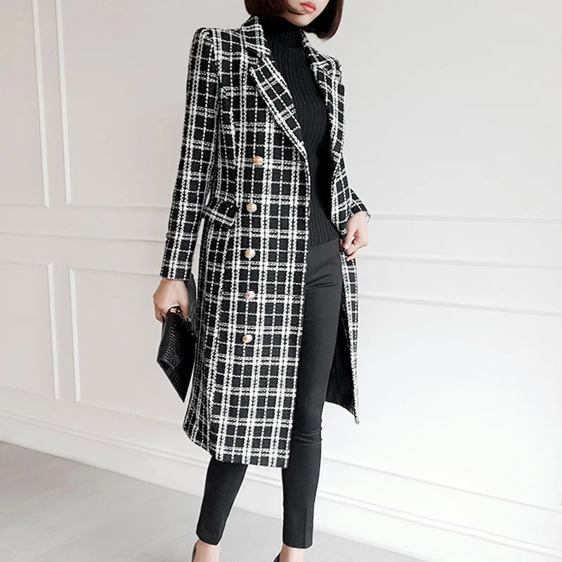 HAMALIEL/Высококачественная модная твидовая двубортная верхняя одежда зимняя женская черная и белая шерстяная ткань в клетку плотное теплое пальто