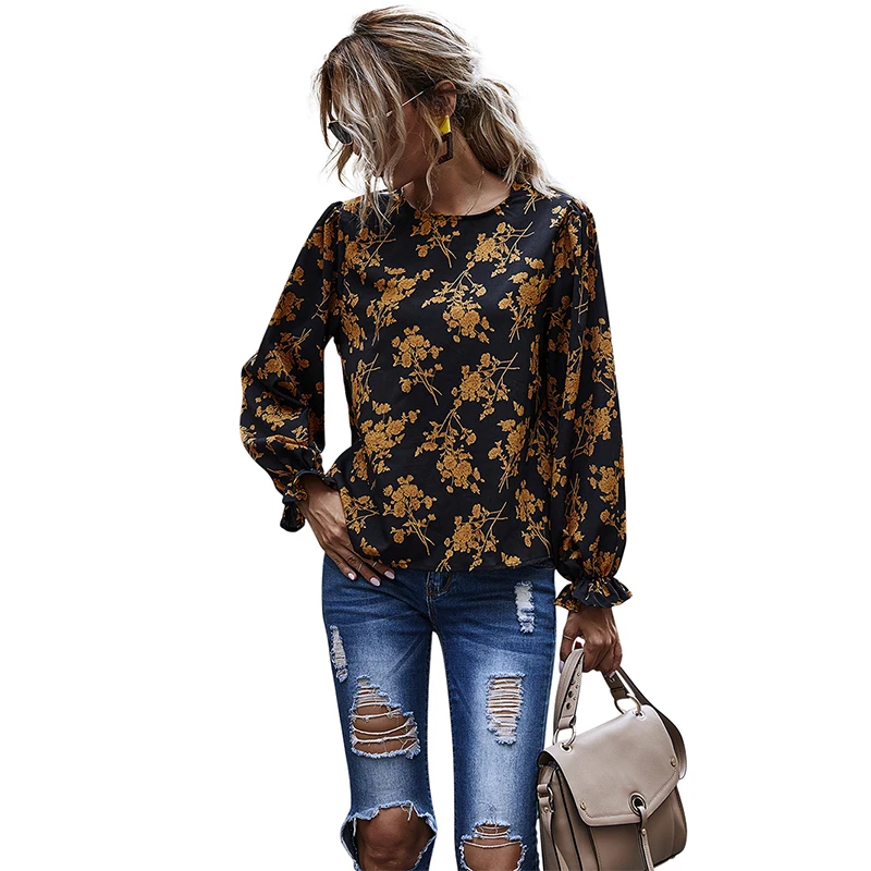 

Women's OL Shirt Flowers Printed Women Blouses Black Sexy Vintage Fashion Shirts Female Autumn Spring Business Blouse O-neck