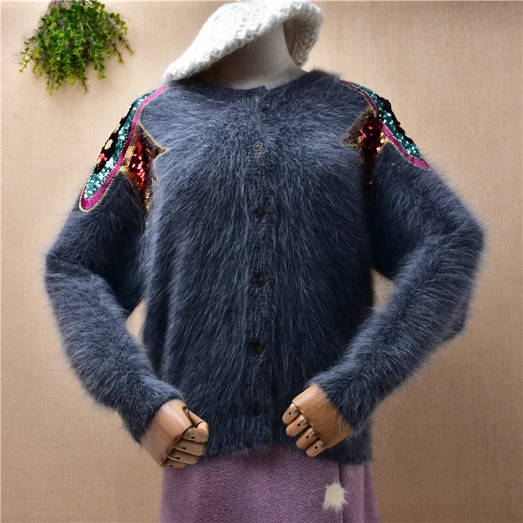 

ladies women fashion grey mink cashmere knitted long batwing sleeves beaded loose cardigan winter angora fur jacket coat sweater