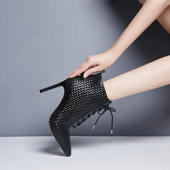

Genuine Leather Ankle boots Pointed Toe Super High 9cm Thin Heels ankle boots for women black boots winter boots women shoes