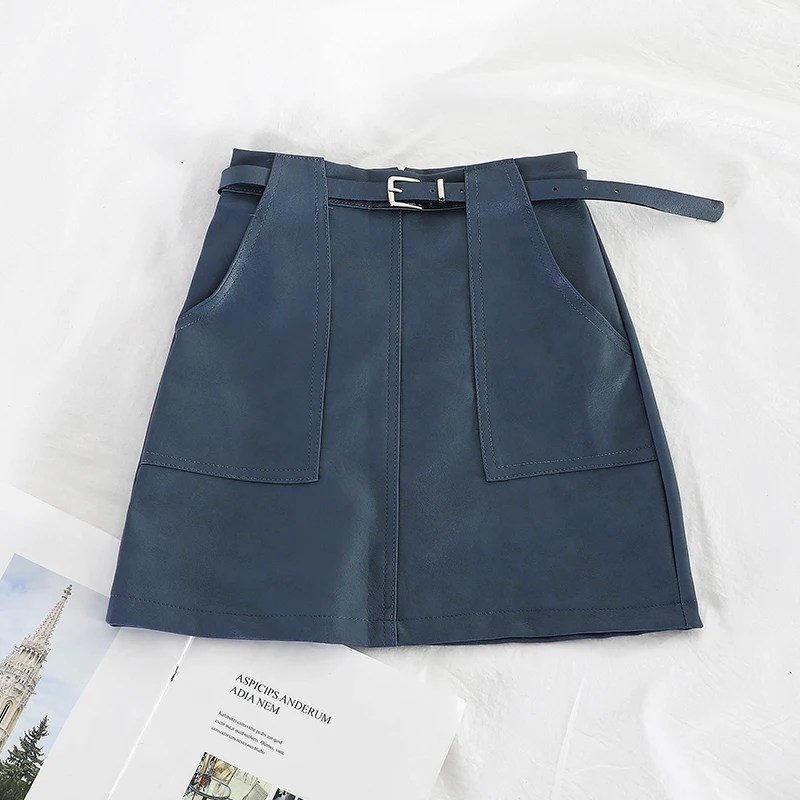 Зимняя женская городская однотонная мини-юбка с поясом и карманом из искусственной кожи, Женская Сексуальная короткая юбка трапециевидной формы с высокой талией выше колена