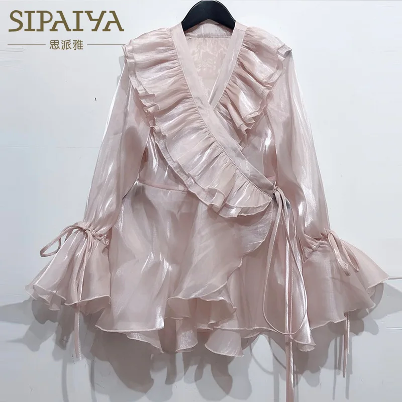 Pink 1 шт., женские блузки плюс размера, топы, лето, шифоновые, с вырезами, с оборками, рубашки первоклассника, женские обтягивающие сексуальные блузки - Цвет: Pink
