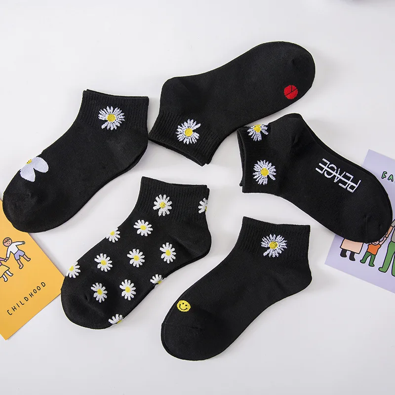 Забавные женские носки Daisy Happy корейский Носок черные Chaussettes Femme Calcetines Tobilleros Negro