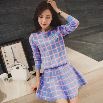 

New Knit Long-sleeve Sweater Skirt Suits Women Sweet Beads Knit Crochet grid Crop Top A-line Skirt Women's 2pcs Set