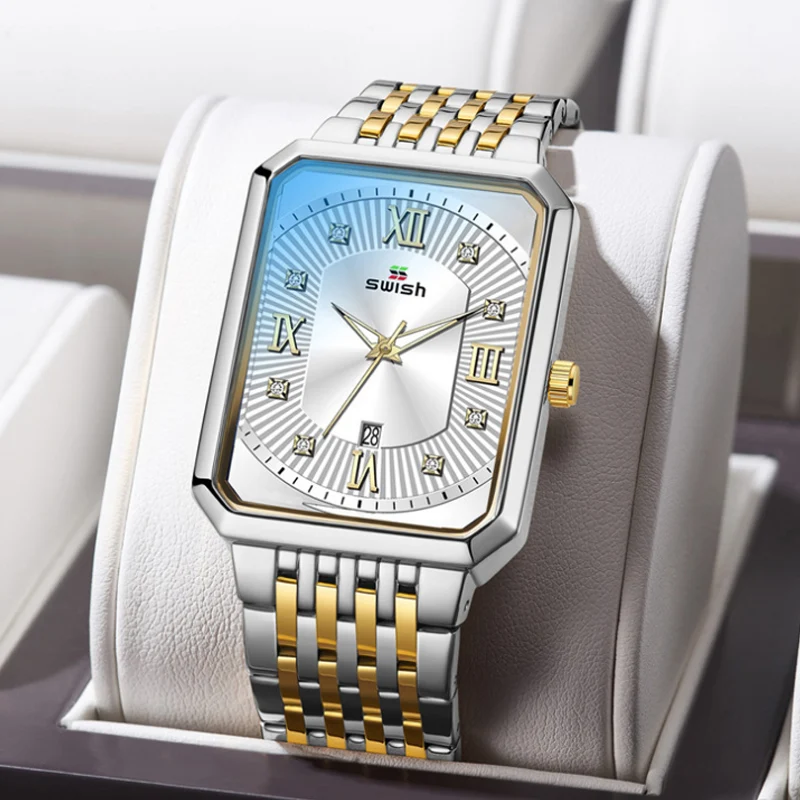 Men's Rectangular Fine Steel Band Watch Waterproof Calendar Sports Quartz Watch Multifunctional Fashion Non Mechanical Watch