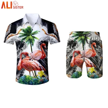

Alisister Flamingos Print Hawaiian Style Shirts And Shorts Men's Summer 2 Pieces Set 3d Trousers Tuxedo Shirt Camisa Masculina