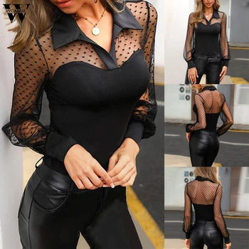 

Womail T Shirt Women Sexy fashion Turn-down Collar Transparent Mesh Long Sleeve Sheer Polka Dot office Ladies T-Shirt black club