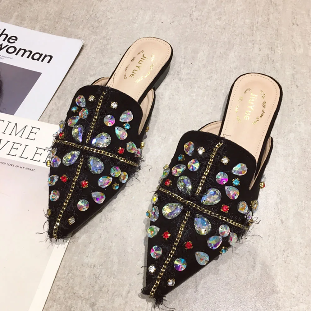 

Brand New Crystals Pointed Toe Women Shoes Summer Lady Party Elegant Slipper Mules Woman Pumps