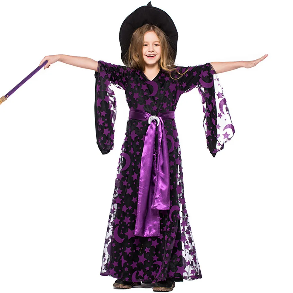 Детский фиолетовый костюм ведьмы на Хэллоуин ведьма сценическое шоу Фиолетовый звезда Луна печать ведьмы платье