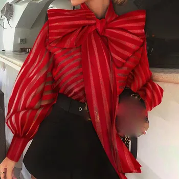 

2019 Autumn and Winter Fashion Tide Brand Niche Design Temperament Ladies Bow Bubble Sleeve Long Sleeve Shirt Shirt Women Tide