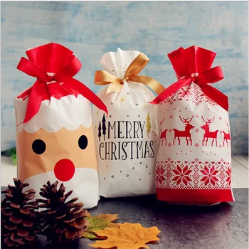 

50Pcs Xmas Pattern Silk Drawstring Food Biscuit Candies Gift Packaging Bag Large capacity Christmas Gift Pouch Xmas Decoration