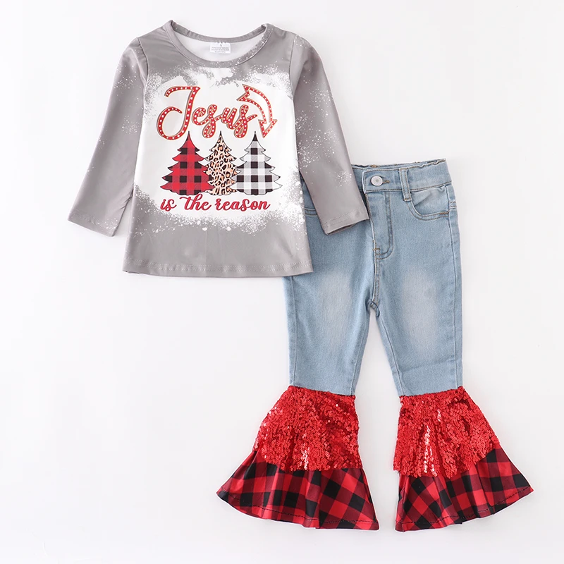 Girlymax Conjunto de pantalones vaqueros con estampado navideño de Papá Noel para niñas, vaqueros con volantes de Jesús la temporada, lentejuelas a cuadros, pantalones de campana, ropa para niños|set de