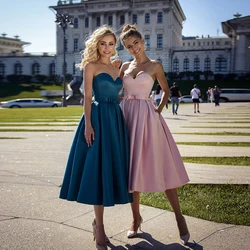 Vintage Satin Short Strapless Evening Dress For Girl Sleeveless Thick Fabric With Sashes Pockets Formal Party Gown Lace Up Back