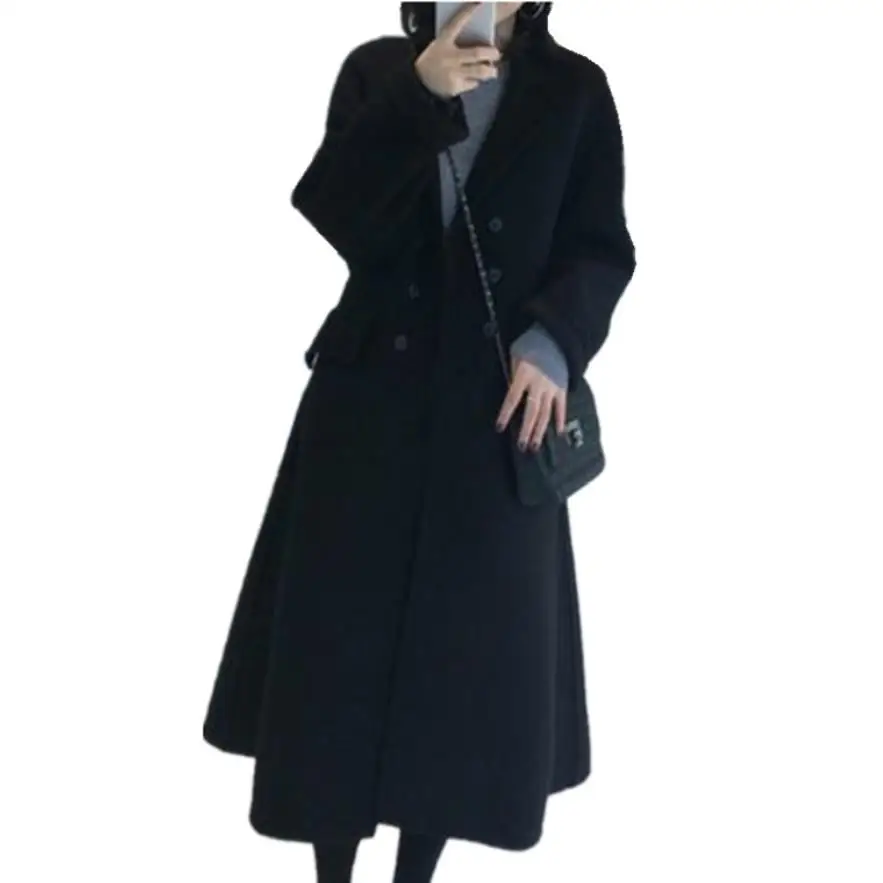 

2019 autumn winter fashion double breasted woolen coat women slim wool blneds coat plus size