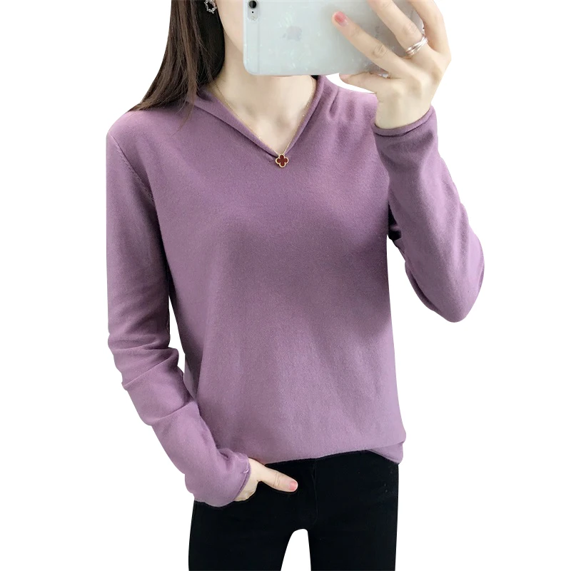 

2019 new women's knitted V-neck bottoming shirt short paragraph long-sleeved loose sweater fake hat outside take
