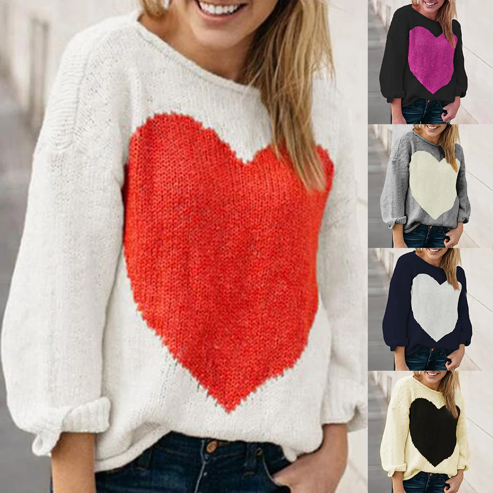

Women Heart Pattern Knitted Sweaters 2019 Patchwork Pullovers Autumn Winter Crew Neck Casual Long Sleeve Sweater Loose Jumpers