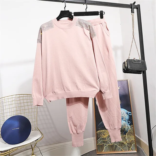 Pink Black Knitted Tracksuit Women Set 