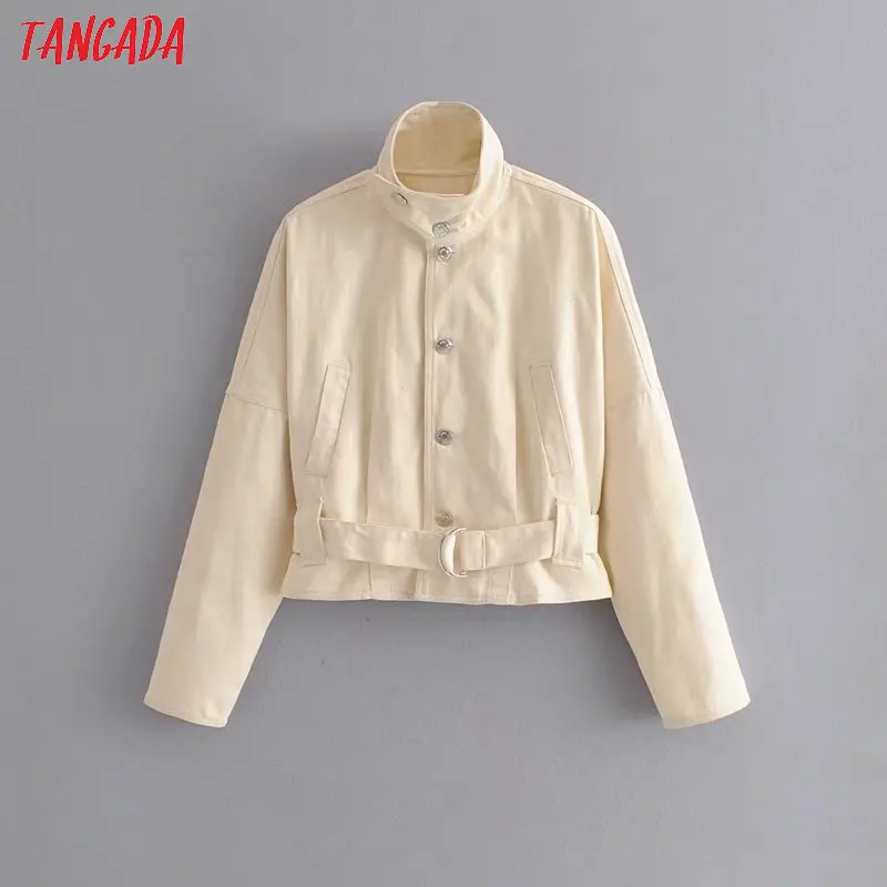 Tangada, Женские однотонные джинсовые куртки с поясом, пуговицами, карманами, длинным рукавом, короткая стильная куртка, женские топы бойфренда 6P18