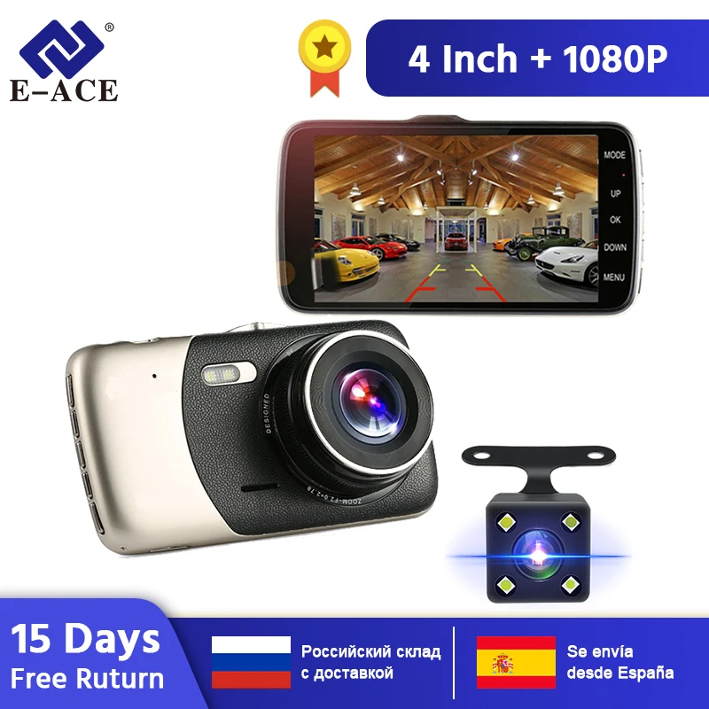 Tanie E ACE wideorejestrator samochodowy 4 Cal kamera samochodowa podwójny obiektyw FHD 1080P kamera na deskę rozdzielczą wideorejestrator z rejestratorem kamery cofania Night Vision DVRs