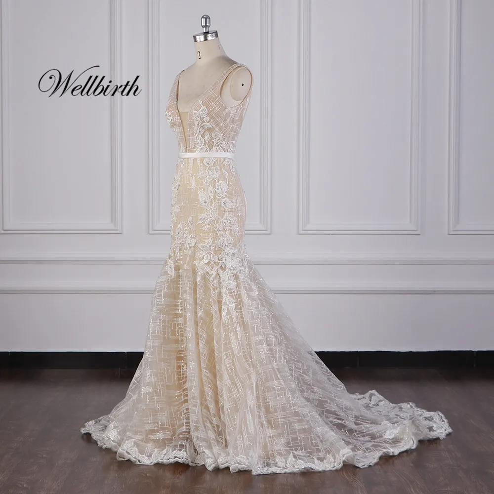 Реальное изображение Wellbirth Vestido de novia, v-образный вырез, открытая спина, Русалка, свадебное платье с коротким рукавом, свадебное платье JC024