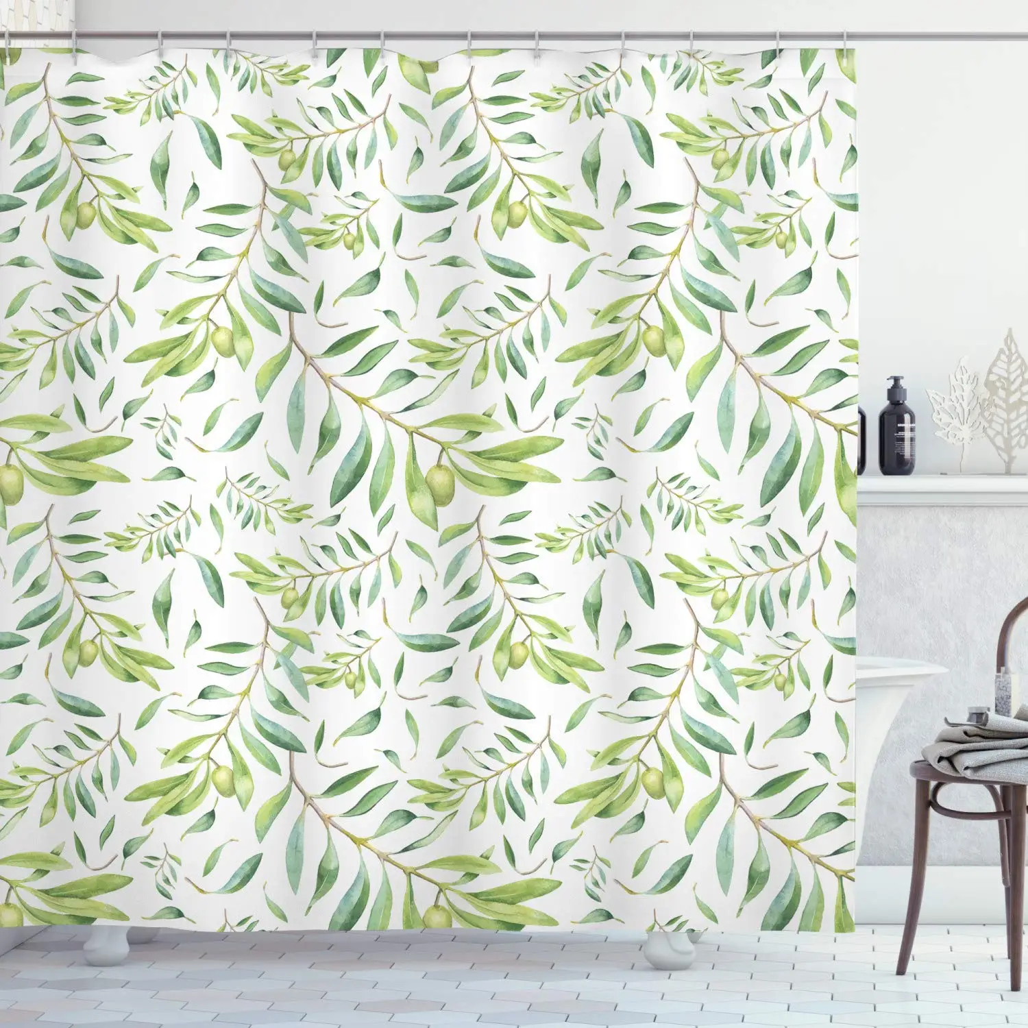 Green Leaf Watercolor Style Olive Branch Mediterranean Tree Organic Bathroom Decor Set Avocado Green Shower Curtains Aliexpress