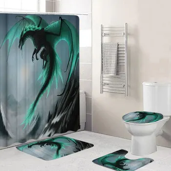 

4PCS Flying Dragon Waterproof Bathroom Shower Curtain Toilet Cover Bath Mat Non-Slip Rug Set Bathroom Accessories with 12 Hooks