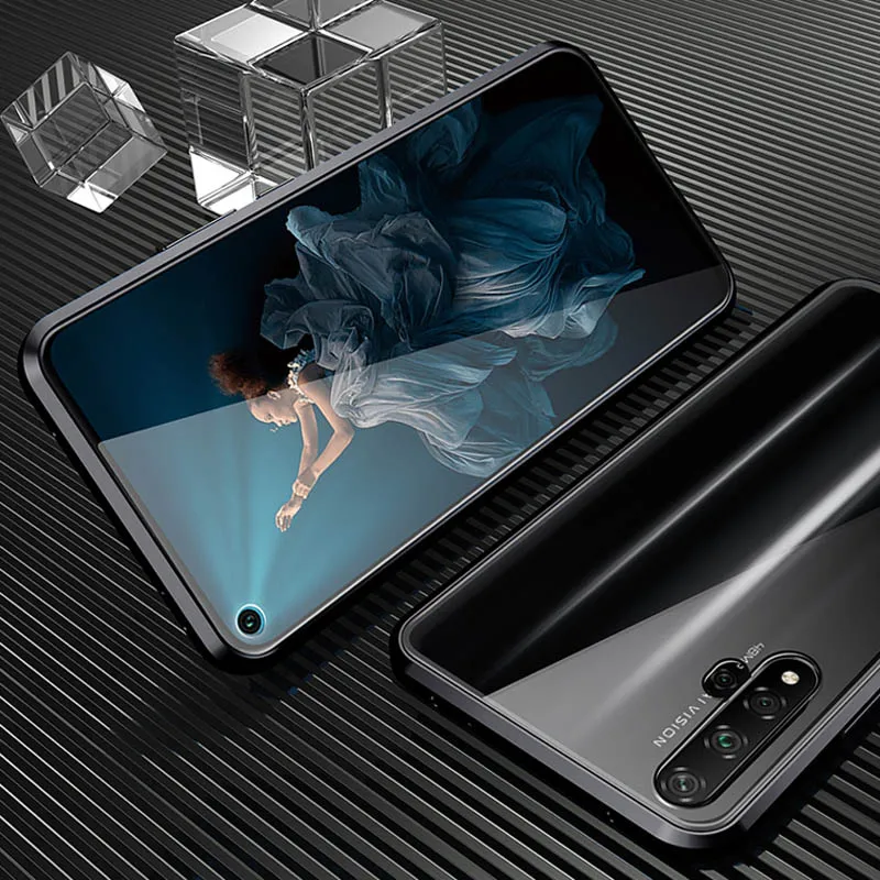 Магнитный адсорбционный чехол для телефона huawei Honor 20 Pro, закаленное стекло, передняя и задняя стеклянная крышка, металлический чехол для huawei Honor 20i - Цвет: Черный