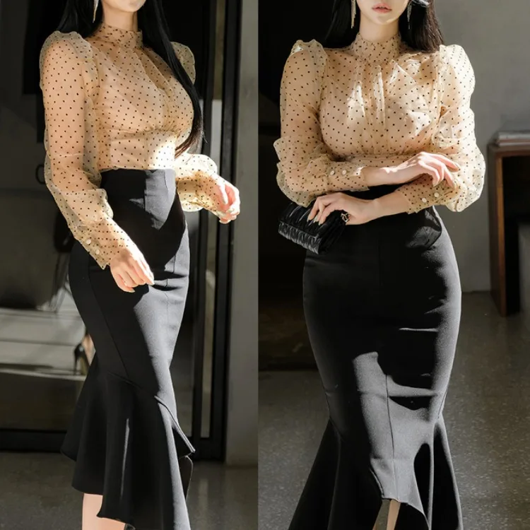 

2019 New Style Two-Piece Set Elegant Transparent Slim Fit Polka Dot Tops + Fashion Flounced Skirt Set
