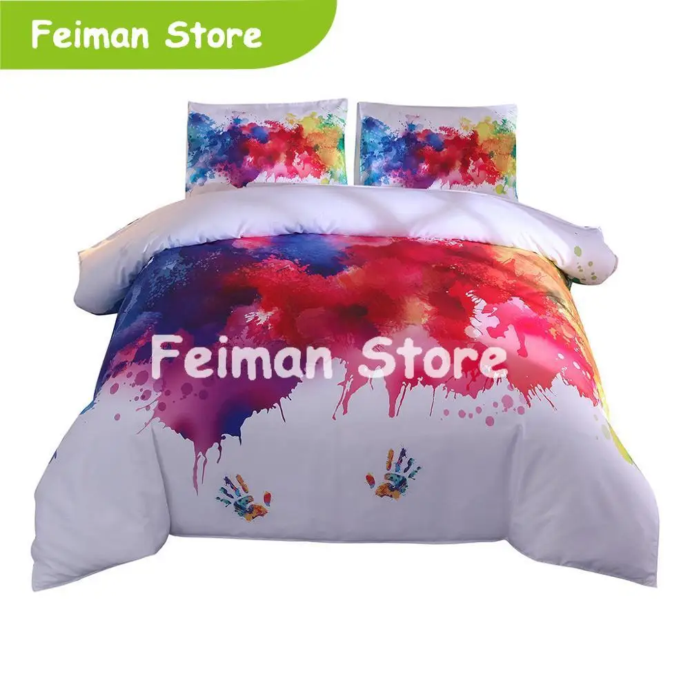 

Polyester Bed Cover Set 3D Printed Color Handprint Bed Three-piece Youthful And Lively