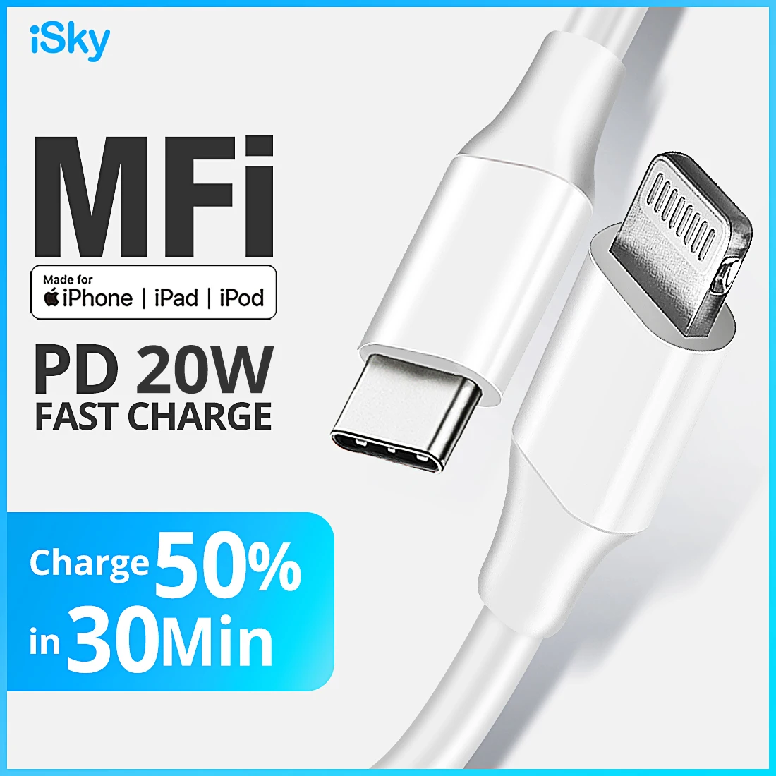 Кабель iSky MFi с разъемами типа C и Lightning для iPhone сертифицированный кабель 11X8 7 6 5 XR XsMax