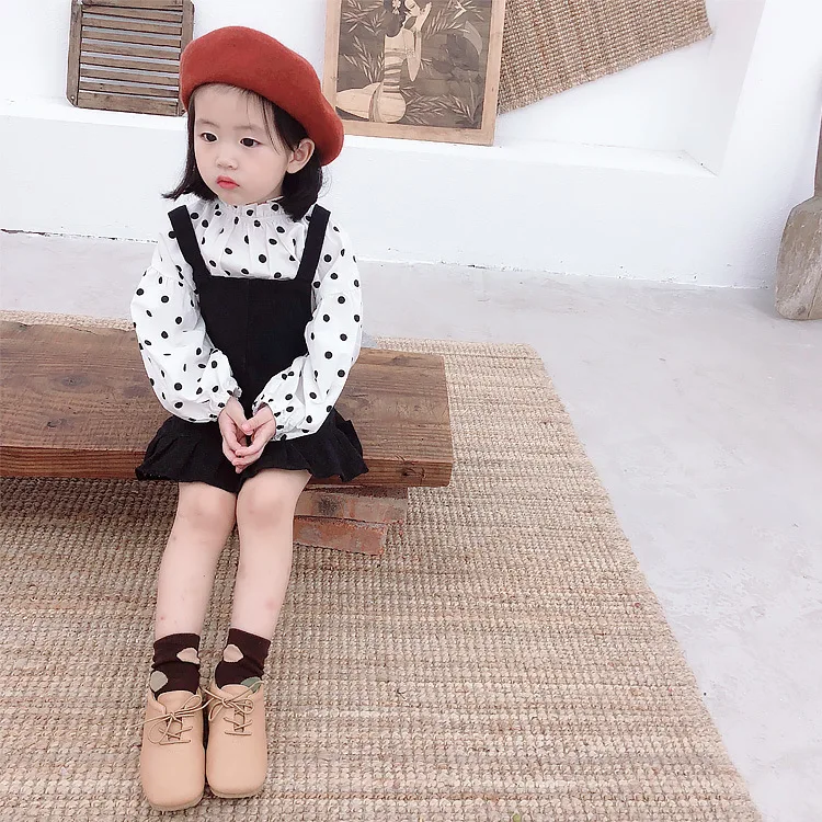 

Childrenswear Autumn Girls Polka Dot Suspender Skirt Dress Outfit Babies' Long Sleeve T-shirt Pinafore Dress Set