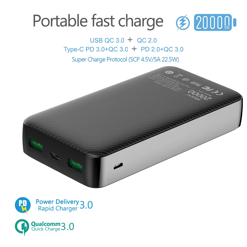 FERISING Mini Power Bank 20000mAh 22.5W Quick Charging External Battery Charger VOOC PD3.0 QC4.0 20000 mah Fast Charge PoverBank usb c portable charger