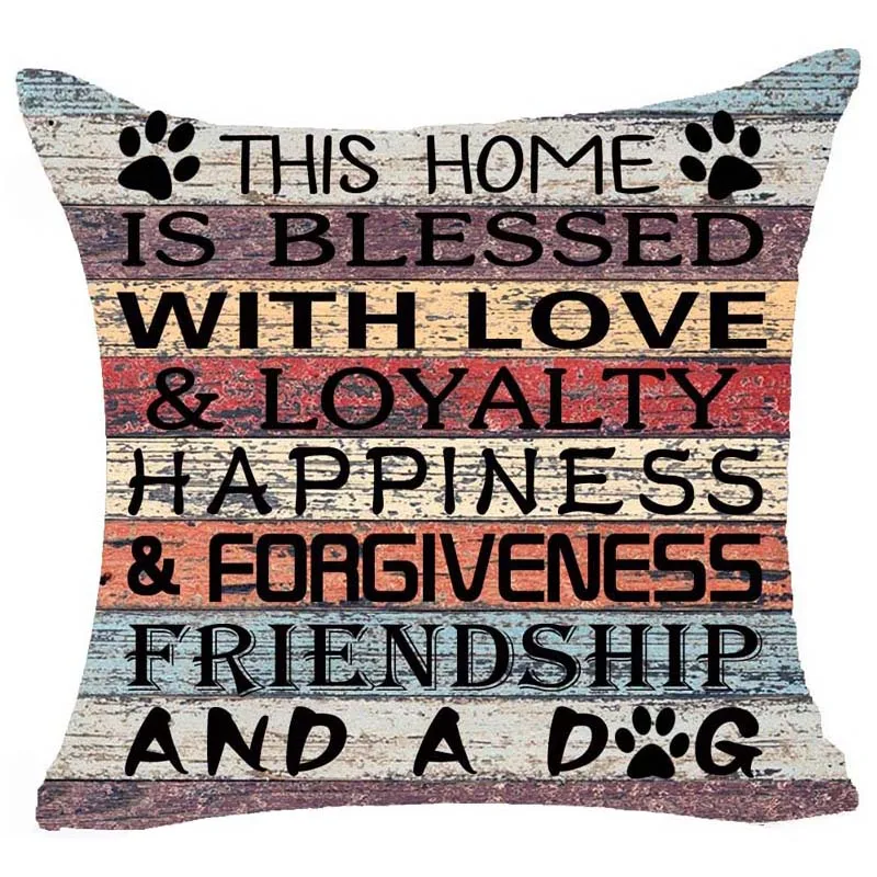 Retro Vintage Wood Grain Warm Sayings This Home is Blessed & Loyalty Happiness and A Dog Paw Prints Throw Pillow Case Cushion Co | Дом и